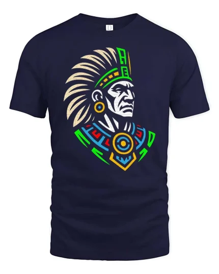 Aztec Warrior Tribal Art Inspired Graphic Vintage Style Tshirt - navy t-shirt on white background