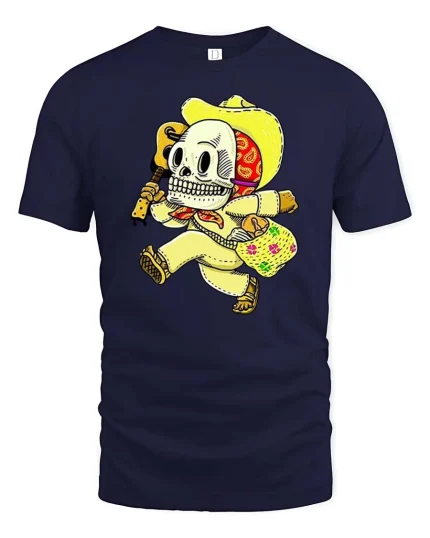 Funny Skeleton Mariachi Guitar Vintage Style Humor Graphic Tshirt - navy t-shirt on white background