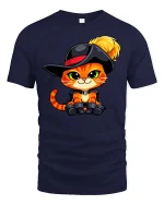 Cute Musketeer Cat Cartoon Style Funny Animal Graphic Tshirt - navy t-shirt on white background