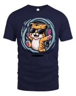 Cool Tiger Listening Music Funny Cartoon Animal Graphic Tshirt - navy t-shirt on white background
