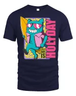 Every Day Is Holiday Surfing Cat Funny Summer Graphic Tshirt - navy t-shirt on white background