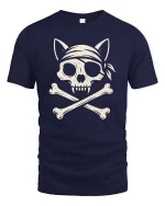 Pirate Cat Skull Crossbones Vintage Style Graphic Cool Tshirt - navy t-shirt on white background