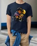 Champion Victory Trophy Cartoon Style Winner Celebration Tshirt - model wearing navy tee with hands in pockets
