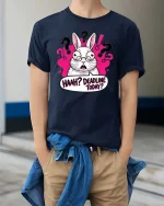 Funny Deadline Today Confused Bunny Humor Work Stress Tshirt - model wearing navy tee with hands in pockets