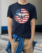 American Fighter Jet Patriotic Aviation Graphic Cool Tshirt - model wearing navy tee with hands in pockets