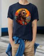Vintage Style Bearded Man Artistic Portrait Cool Graphic Tshirt - model wearing navy tee with hands in pockets