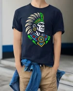Aztec Warrior Tribal Art Inspired Graphic Vintage Style Tshirt - model wearing navy tee with hands in pockets