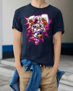 Astronaut Playing Guitar Retro Music Space Art Graphic Tshirt - model wearing navy tee with hands in pockets