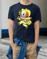 Funny Skeleton Mariachi Guitar Vintage Style Humor Graphic Tshirt - model wearing navy tee with hands in pockets