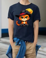 Cute Musketeer Cat Cartoon Style Funny Animal Graphic Tshirt - model wearing navy tee with hands in pockets
