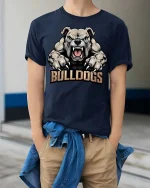Fierce Bulldogs Mascot Powerful Animal Sports Style Tshirt - model wearing navy tee with hands in pockets