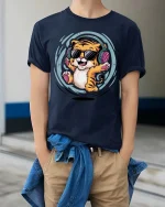 Cool Tiger Listening Music Funny Cartoon Animal Graphic Tshirt - model wearing navy tee with hands in pockets