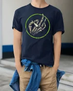 Skeleton Hand 420 Funny Rock Sign Graphic Cool Style Tshirt - model wearing navy tee with hands in pockets