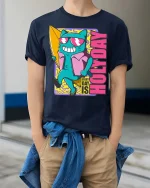 Every Day Is Holiday Surfing Cat Funny Summer Graphic Tshirt - model wearing navy tee with hands in pockets