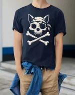Pirate Cat Skull Crossbones Vintage Style Graphic Cool Tshirt - model wearing navy tee with hands in pockets