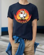 Funny Pixel Chicken Retro Gaming Style Humor Graphic Tshirt - model wearing navy tee with hands in pockets