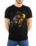 Champion Victory Trophy Cartoon Style Winner Celebration Tshirt - model wearing black tee with hands behind back