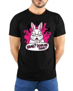 Funny Deadline Today Confused Bunny Humor Work Stress Tshirt - model wearing black tee with hands behind back