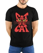 Cat Face Typography Minimalist Cool Animal Graphic Tshirt - model wearing black tee with hands behind back