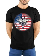 American Fighter Jet Patriotic Aviation Graphic Cool Tshirt - model wearing black tee with hands behind back