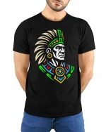 Aztec Warrior Tribal Art Inspired Graphic Vintage Style Tshirt - model wearing black tee with hands behind back