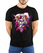 Astronaut Playing Guitar Retro Music Space Art Graphic Tshirt - model wearing black tee with hands behind back