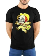 Funny Skeleton Mariachi Guitar Vintage Style Humor Graphic Tshirt - model wearing black tee with hands behind back