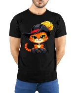 Cute Musketeer Cat Cartoon Style Funny Animal Graphic Tshirt - model wearing black tee with hands behind back