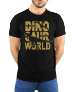 Lost Dinosaur Planet Graphic Adventure Jurassic Style Tshirt - model wearing black tee with hands behind back