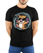 Cool Tiger Listening Music Funny Cartoon Animal Graphic Tshirt - model wearing black tee with hands behind back