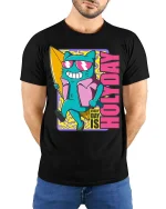 Every Day Is Holiday Surfing Cat Funny Summer Graphic Tshirt - model wearing black tee with hands behind back