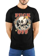 Funny Skeleton Attitude Graphic Retro Style Bold Humor Tshirt - model wearing black tee with hands behind back