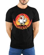 Funny Pixel Chicken Retro Gaming Style Humor Graphic Tshirt - model wearing black tee with hands behind back