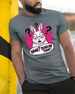 Funny Deadline Today Confused Bunny Humor Work Stress Tshirt - model wearing grey tee, leaning on column