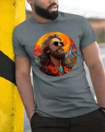 Vintage Style Bearded Man Artistic Portrait Cool Graphic Tshirt - model wearing grey tee, leaning on column