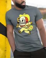 Funny Skeleton Mariachi Guitar Vintage Style Humor Graphic Tshirt - model wearing grey tee, leaning on column