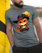 Cute Musketeer Cat Cartoon Style Funny Animal Graphic Tshirt - model wearing grey tee, leaning on column