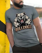 Fierce Bulldogs Mascot Powerful Animal Sports Style Tshirt - model wearing grey tee, leaning on column