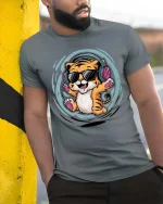 Cool Tiger Listening Music Funny Cartoon Animal Graphic Tshirt - model wearing grey tee, leaning on column