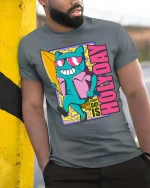 Every Day Is Holiday Surfing Cat Funny Summer Graphic Tshirt - model wearing grey tee, leaning on column