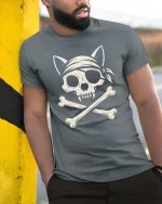 Pirate Cat Skull Crossbones Vintage Style Graphic Cool Tshirt - model wearing grey tee, leaning on column