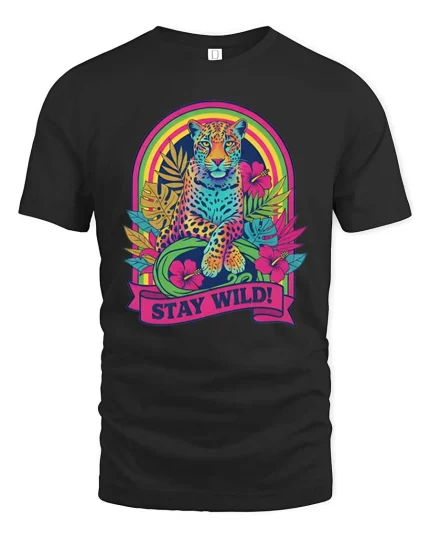 Stay Wild Neon Leopard Rainbow Retro Graphic T-Shirt Tee - black t-shirt on white background