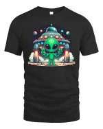 Cute Alien UFO Space Cartoon Sci Fi Graphic T-Shirt Tee - black t-shirt on white background