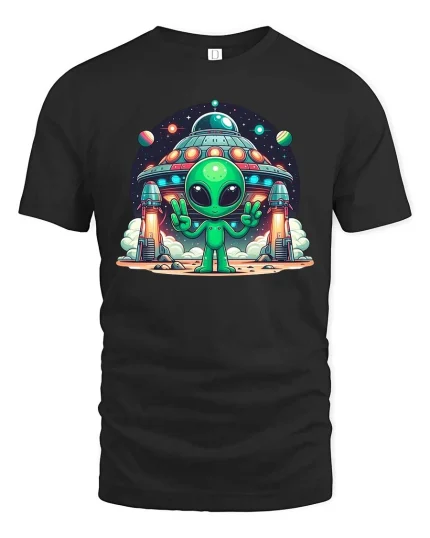Cute Alien UFO Space Cartoon Sci Fi Graphic T-Shirt Tee - black t-shirt on white background