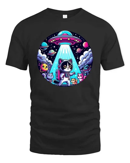 Cute Space Cat UFO Cartoon Galaxy Sci Fi Graphic T-Shirt - black t-shirt on white background