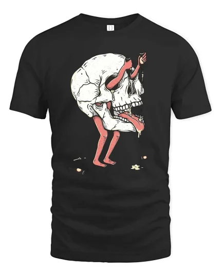 Surreal Skull Character Dark Art Weird Graphic T-Shirt Tee - black t-shirt on white background