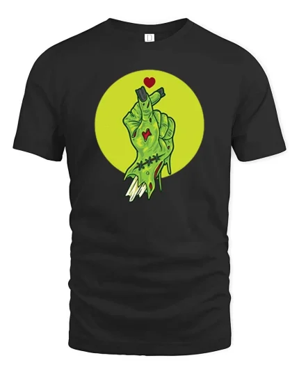 Zombie Hand Heart Gesture Horror Graphic Halloween T-Shirt - black t-shirt on white background