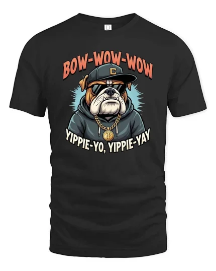 Bow Wow Wow Bulldog Rap Hip Hop Funny Dog Graphic T-Shirt - black t-shirt on white background