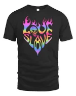 Love Slave Rainbow Flame Skull Retro Graphic T-Shirt Tee - black t-shirt on white background