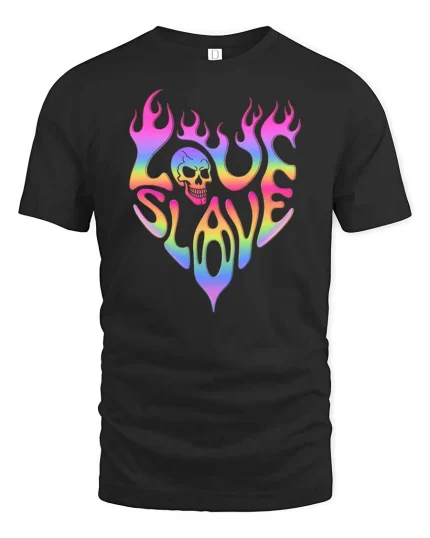 Love Slave Rainbow Flame Skull Retro Graphic T-Shirt Tee - black t-shirt on white background
